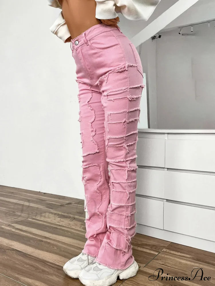 New European and American Streetwise Stretch Patch for Women High Street Straight Fit Long Women's Jean
