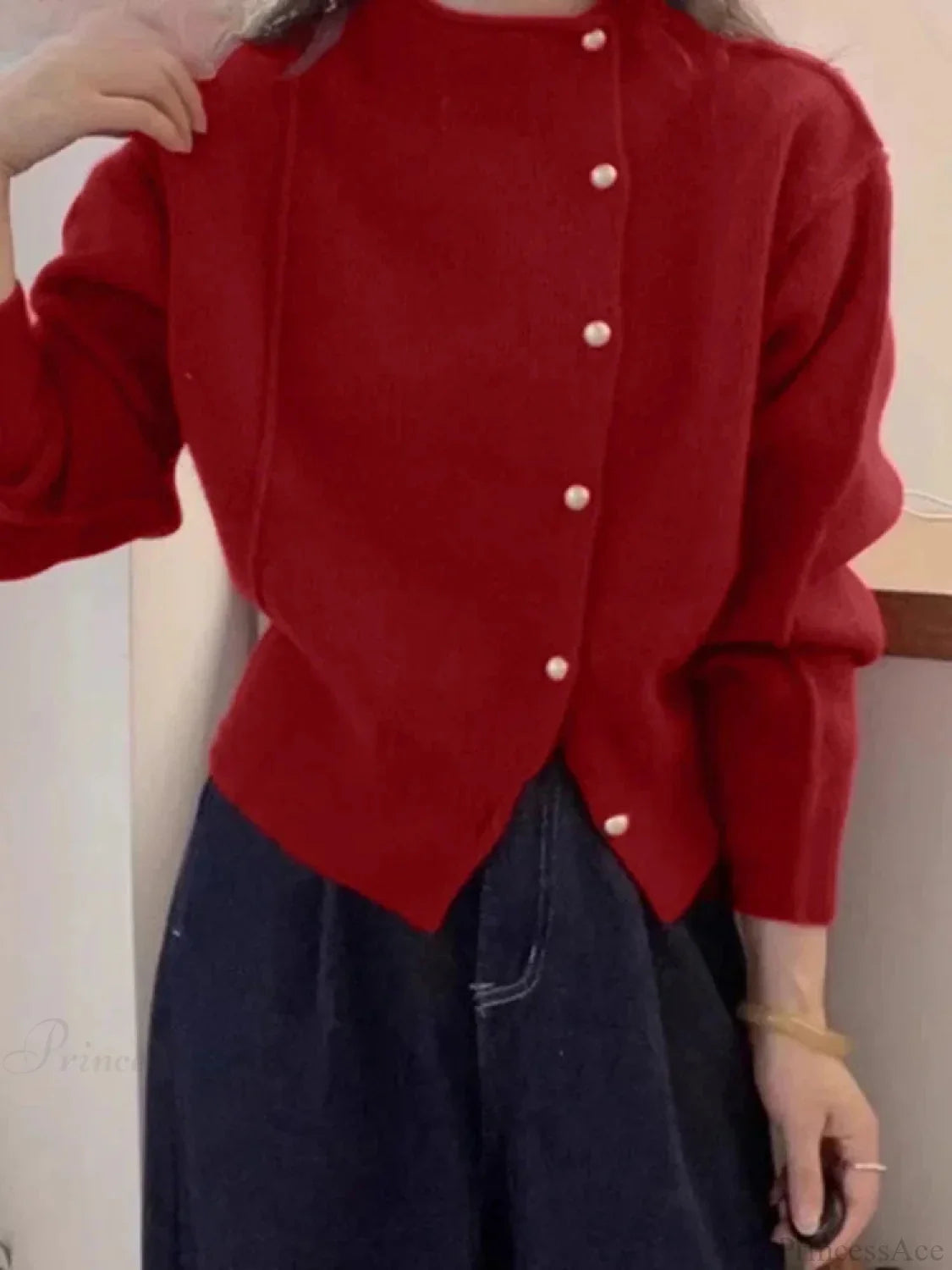 Red Puff Sleeve Button-Up Elegant Knitted Cardigan