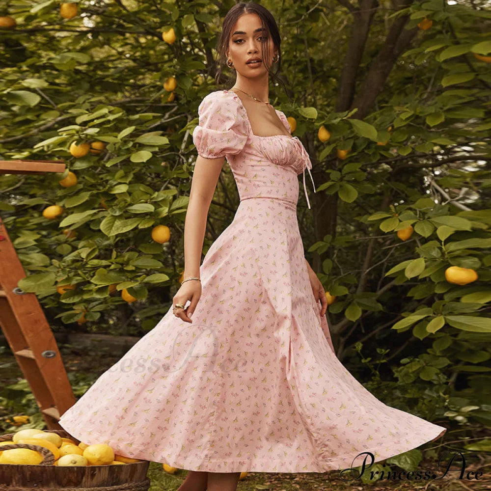 Daisy Printed Puff Sleeve High Slit Sophisticated Smock Maxi Sundress - Light Blue