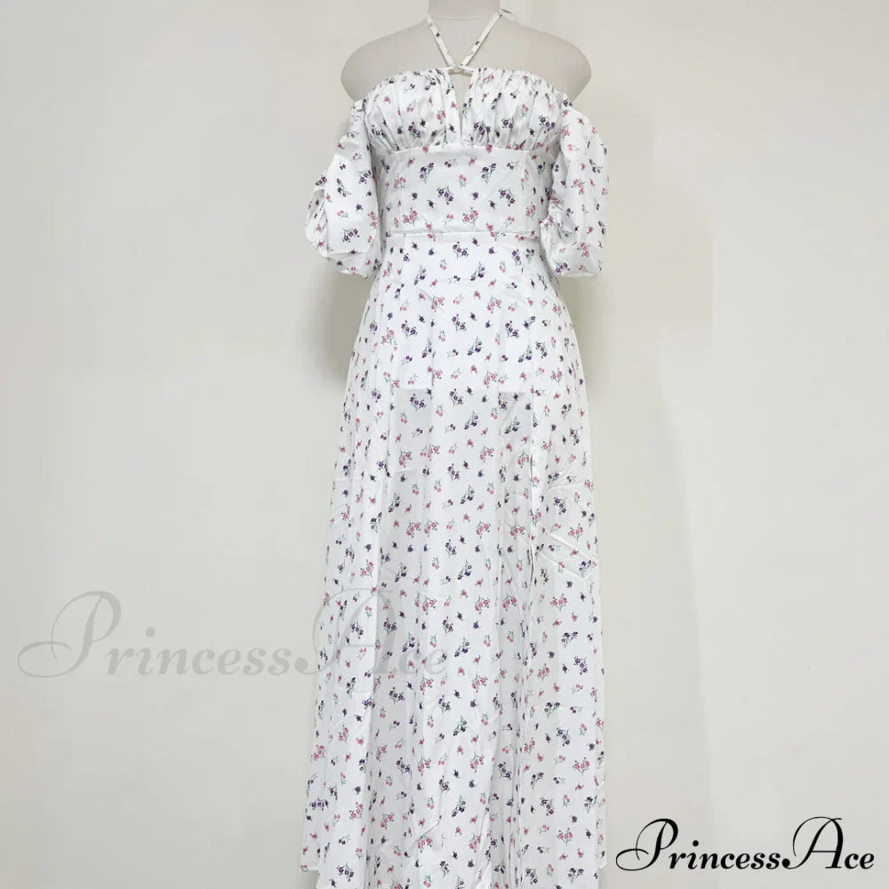 Daisy Printed Puff Sleeve High Slit Sophisticated Smock Maxi Sundress - Sky Blue
