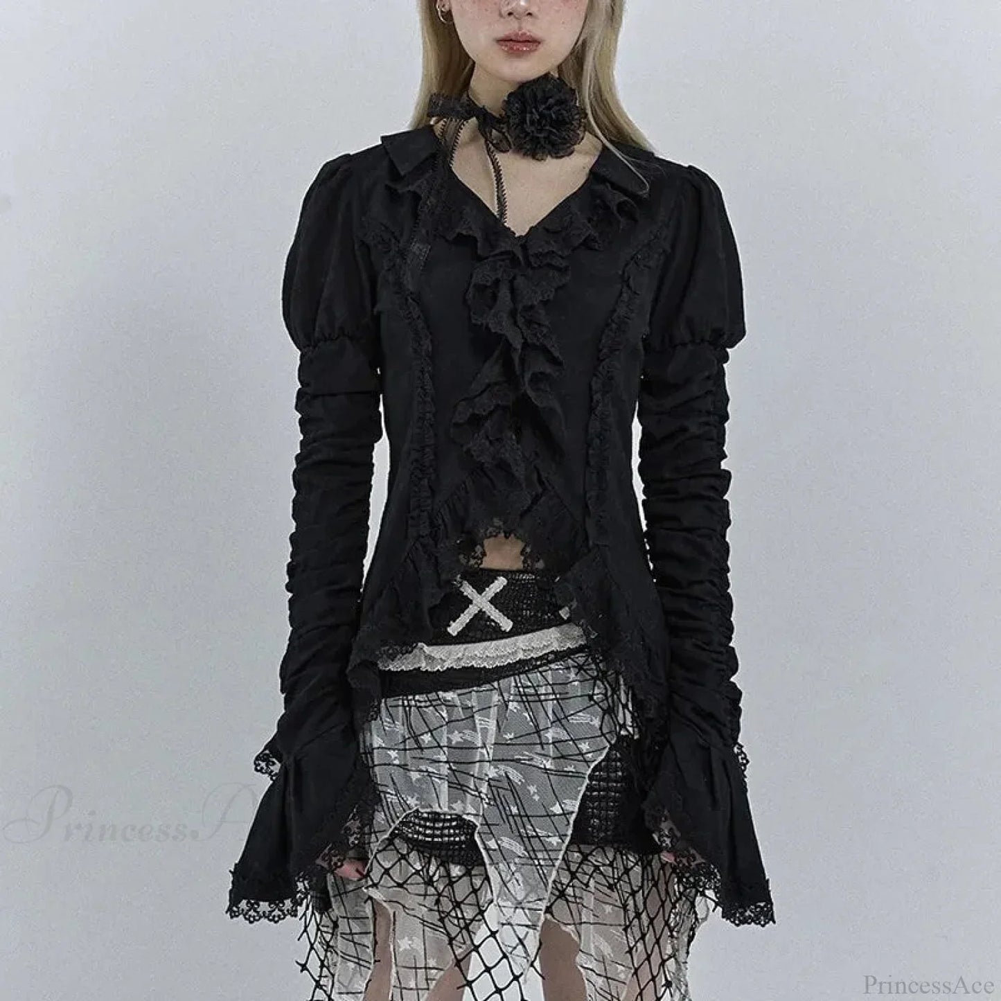 Dark Black Lace Flare Sleeve Shirt