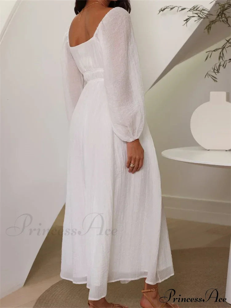 Elegant Women Mesh See Through Lantern Sleeve Deep V-neck Solid White High Waist Party Beach Vestidos