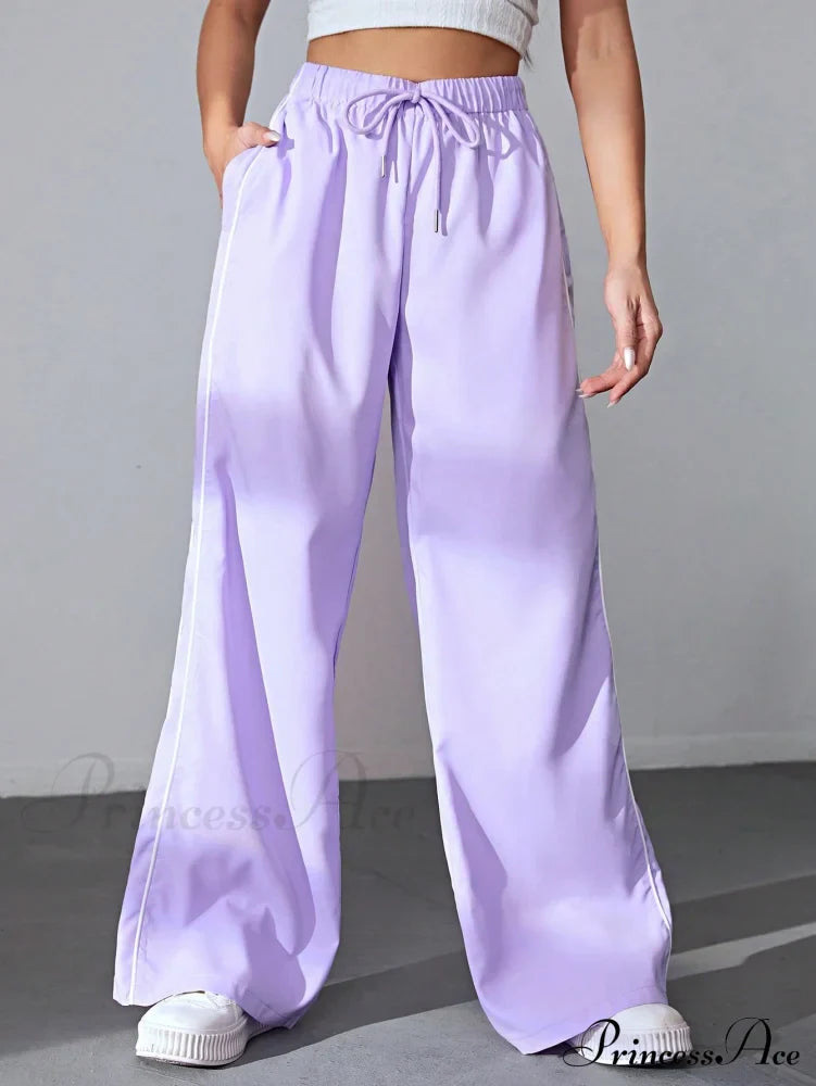 Piping Drawstring Waist Wide Leg Pants