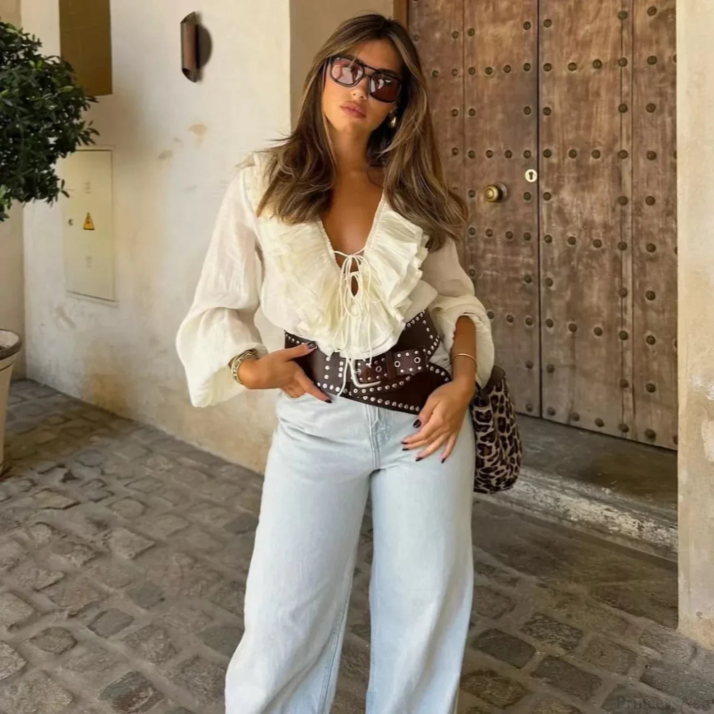 Ruffles Deep V-Neck Lace-Up Loose Oversize Boho Blouse