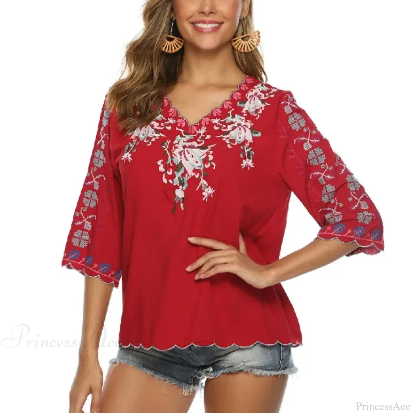 V-Neck Loose Casual Cotton Floral Embroidery Boho Blouse