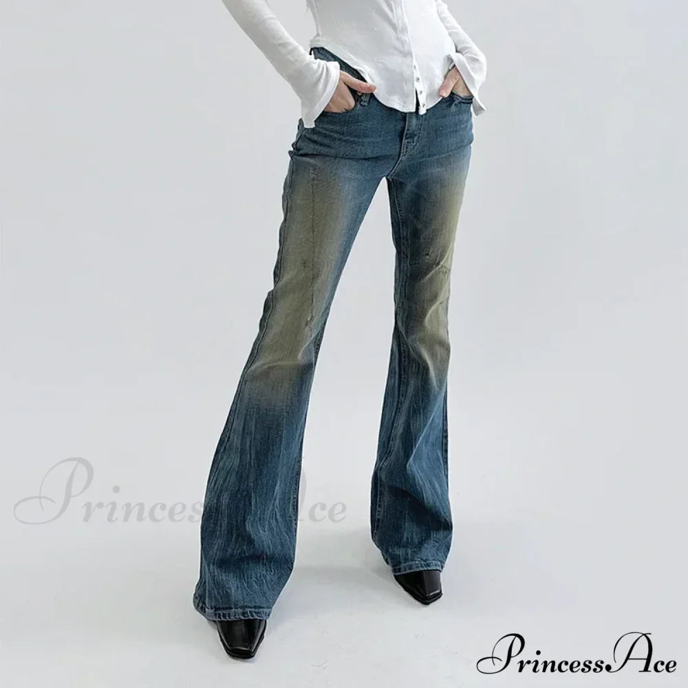 Vintage Denim Flare For Women Fashion Streetwear High Waist Hit Color Slim Female Autumn Jean