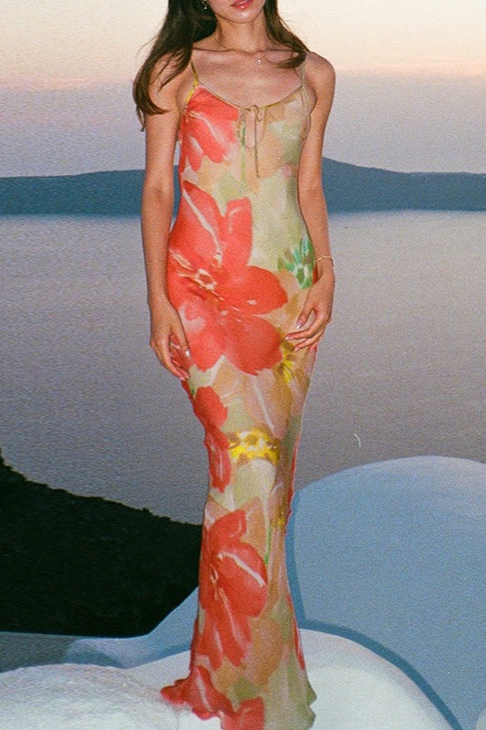 Floral Tie Back Cutout Cami Mermaid Maxi Dress