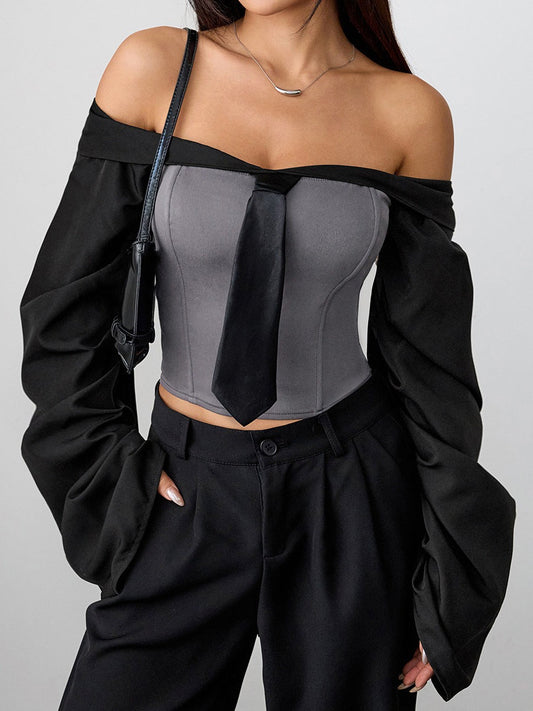 Vintage Corset Tie Up Long Sleeve Blouse