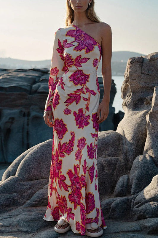 Satin Rose Print One-Shoulder Maxi Dress