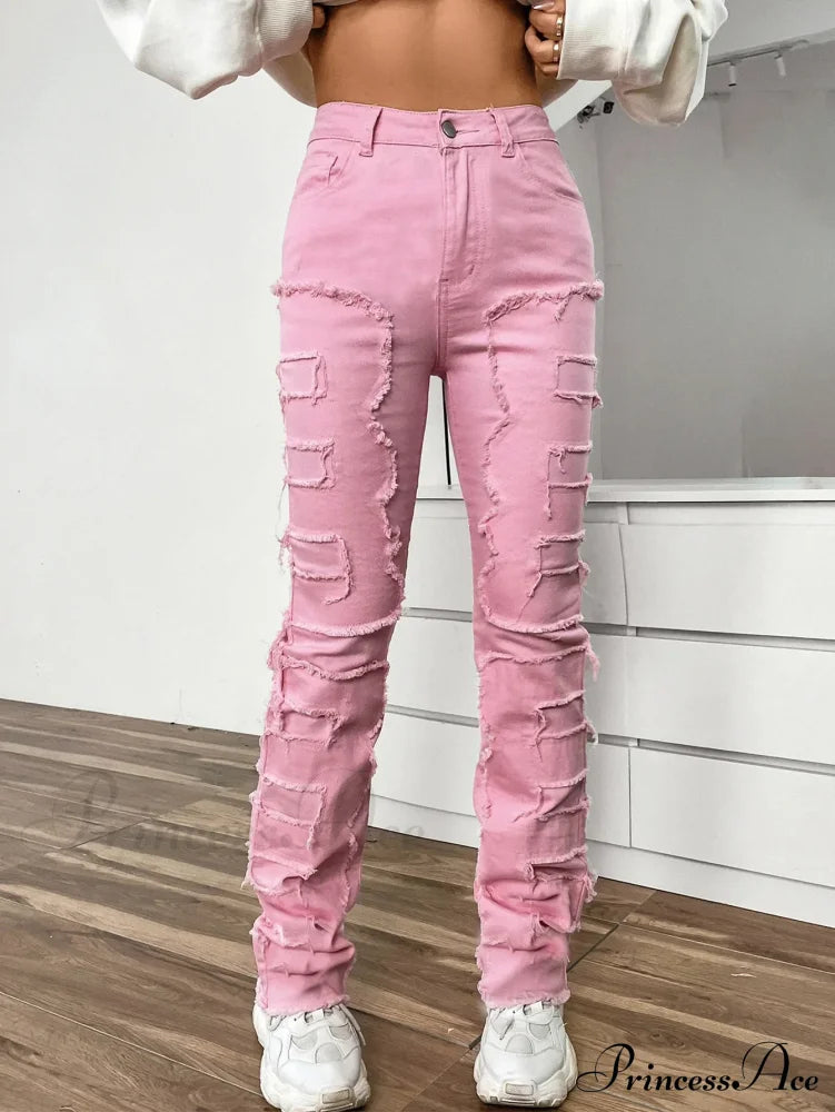 New European and American Streetwise Stretch Patch for Women High Street Straight Fit Long Women's Jean