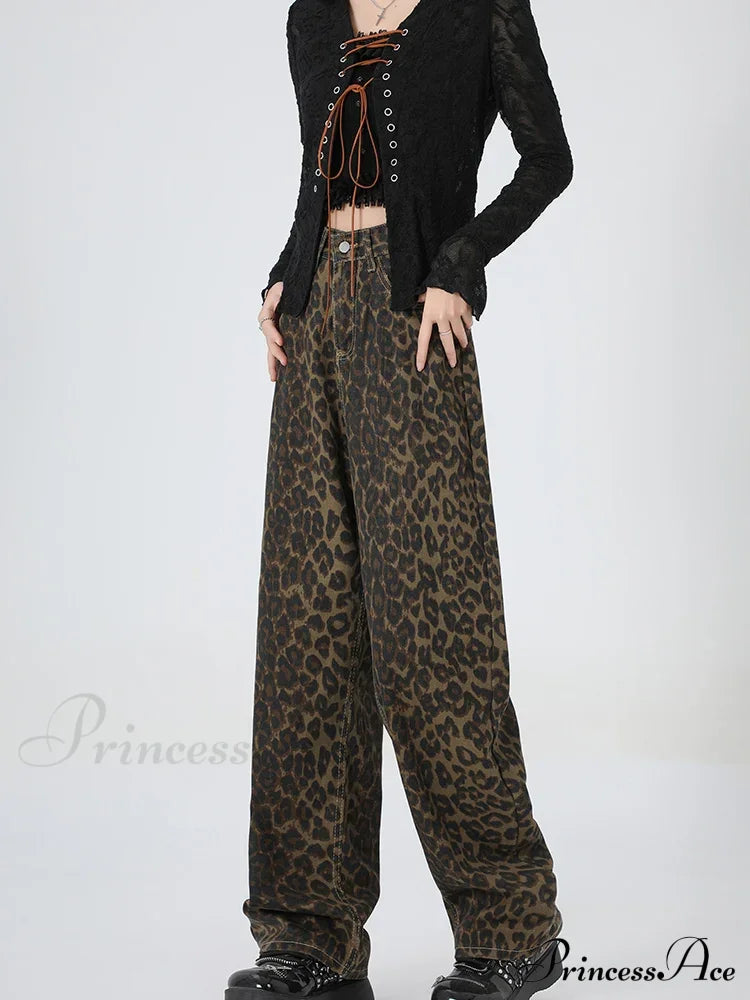 New Leopard Print Wide Leg Women High Waisted Fashion Streetwear Retro Y2K Denim Baggy Casual Straight Jean