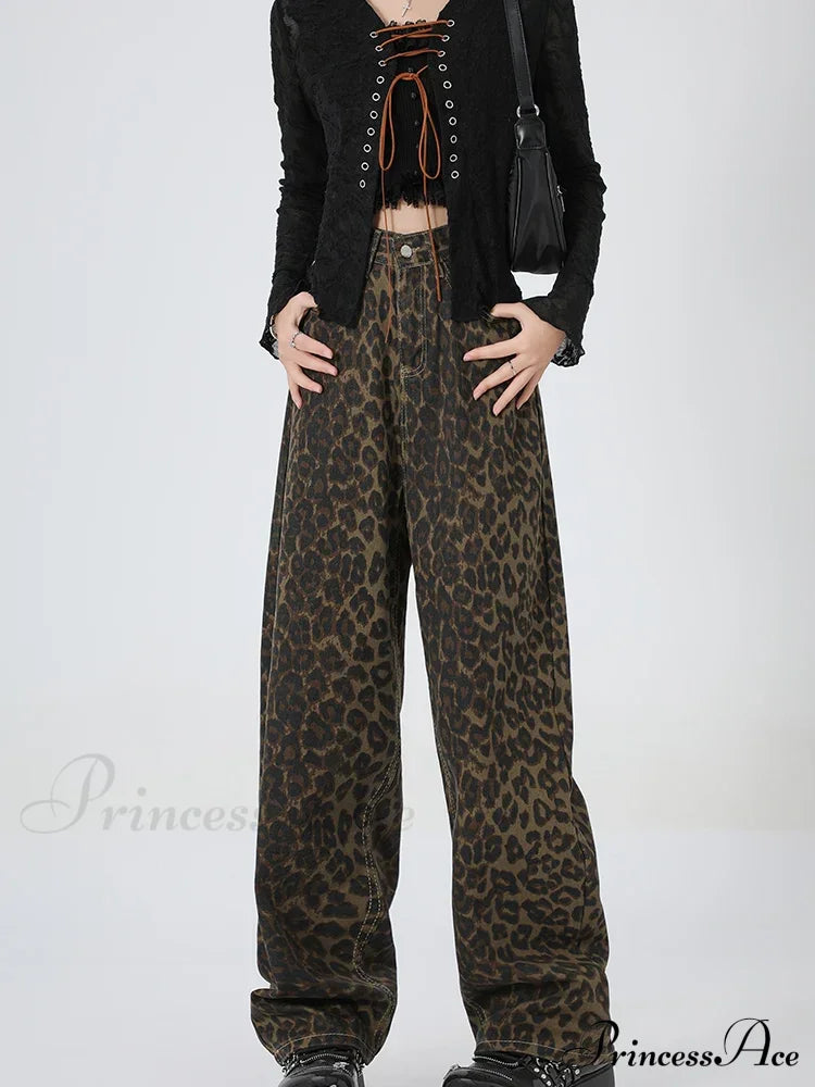 New Leopard Print Wide Leg Women High Waisted Fashion Streetwear Retro Y2K Denim Baggy Casual Straight Jean