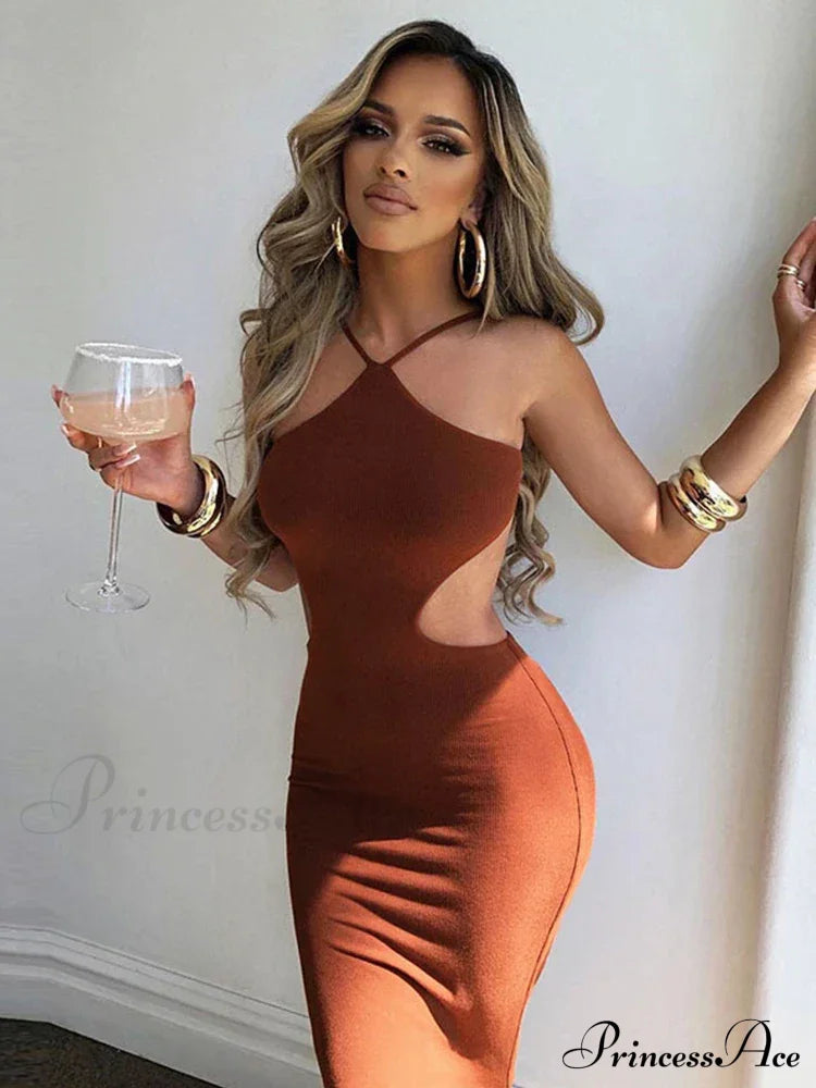 Summer Halter for Women's Sleeveless Backless Club Party Cutout Bandage Midi Dress Clothes Sexy