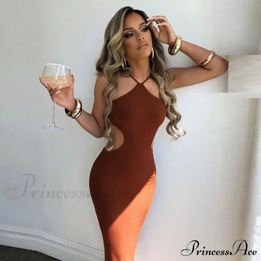 Summer Halter for Women's Sleeveless Backless Club Party Cutout Bandage Midi Dress Clothes Sexy