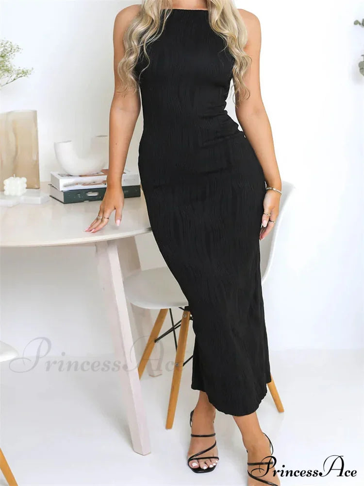 Women Long Ruched Sleeveless Slim Solid Summer Party Back Split Clubwear Female Maxi Dress