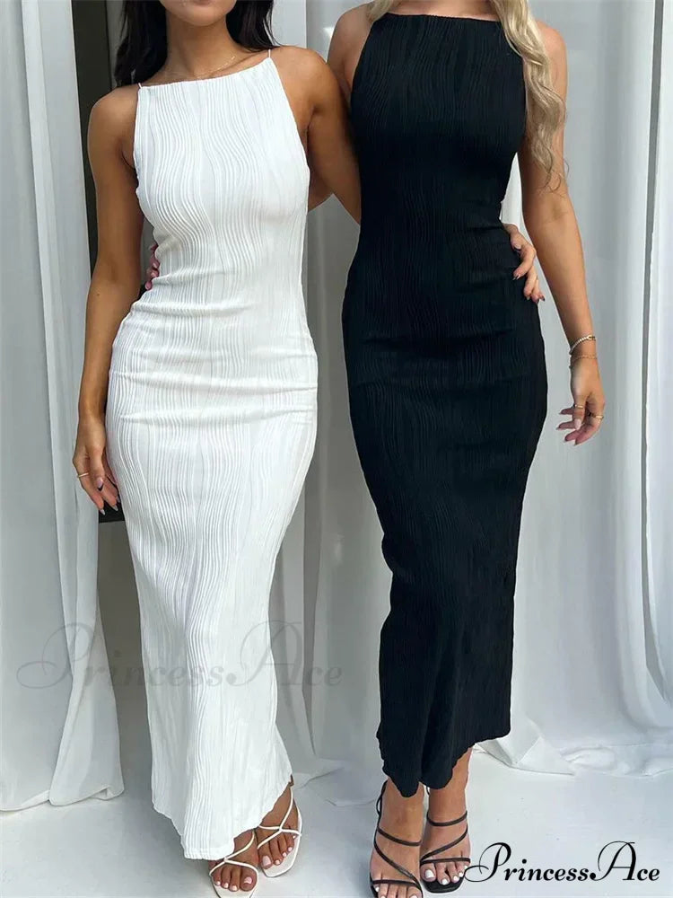 Women Long Ruched Sleeveless Slim Solid Summer Party Back Split Clubwear Female Maxi Dress