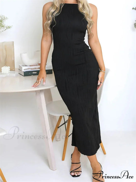 Women Long Ruched Sleeveless Slim Solid Summer Party Back Split Clubwear Female Maxi Dress