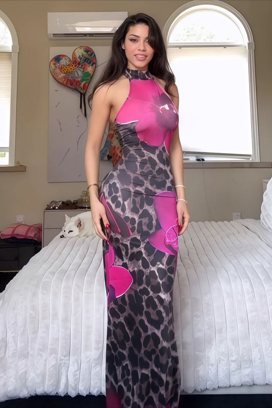 Leopard Print Halter Waist Bodycon Maxi Dress