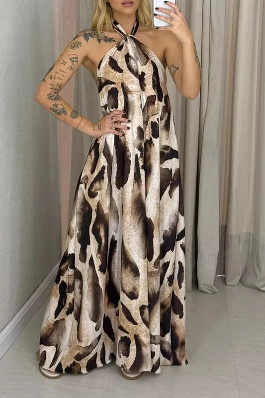 Leopard Print Halter Neck Backless Maxi Dress