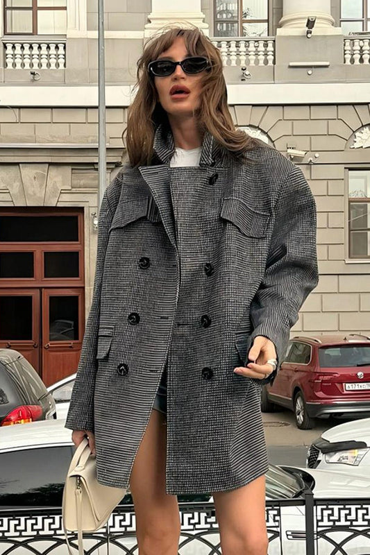 Houndstooth Wool Blend Long Coat