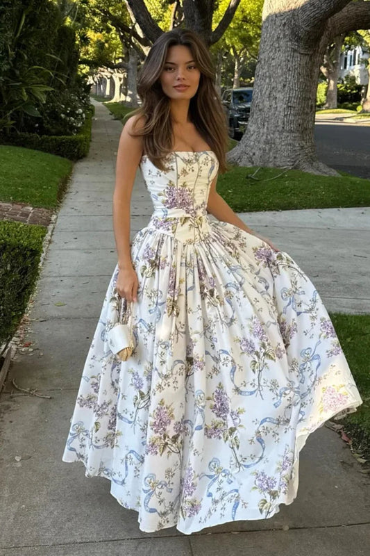 Rayon Printed Strap Pleated Chic Maxi Dress