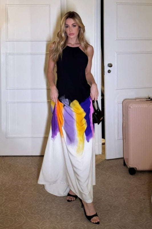 Painted Tie-Back Sleeveless Backless Fitted Bodycon Maxi Dress