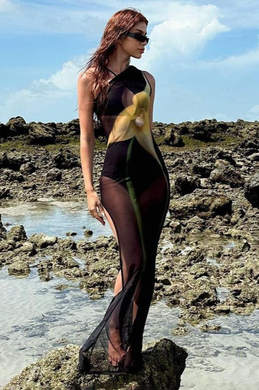 Sexy One Shoulder Mesh Floral Print Sheer Split Maxi Dress