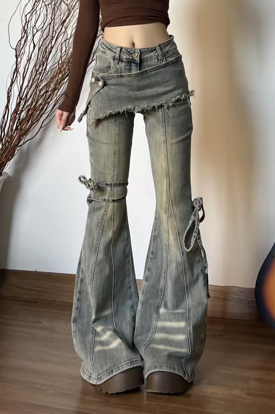 Vintage Fake Two Piece Bootcut Tie Waist Jeans