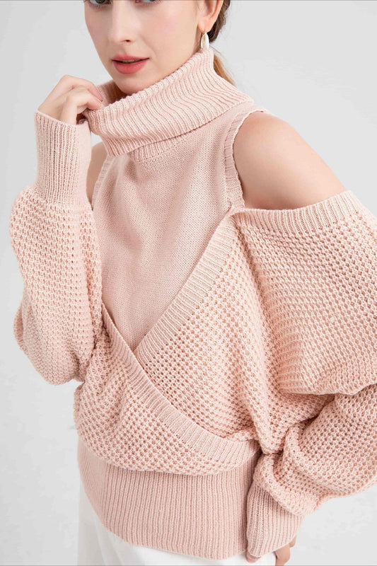 High Neck Off-Shoulder Double Layer Knit Sweater