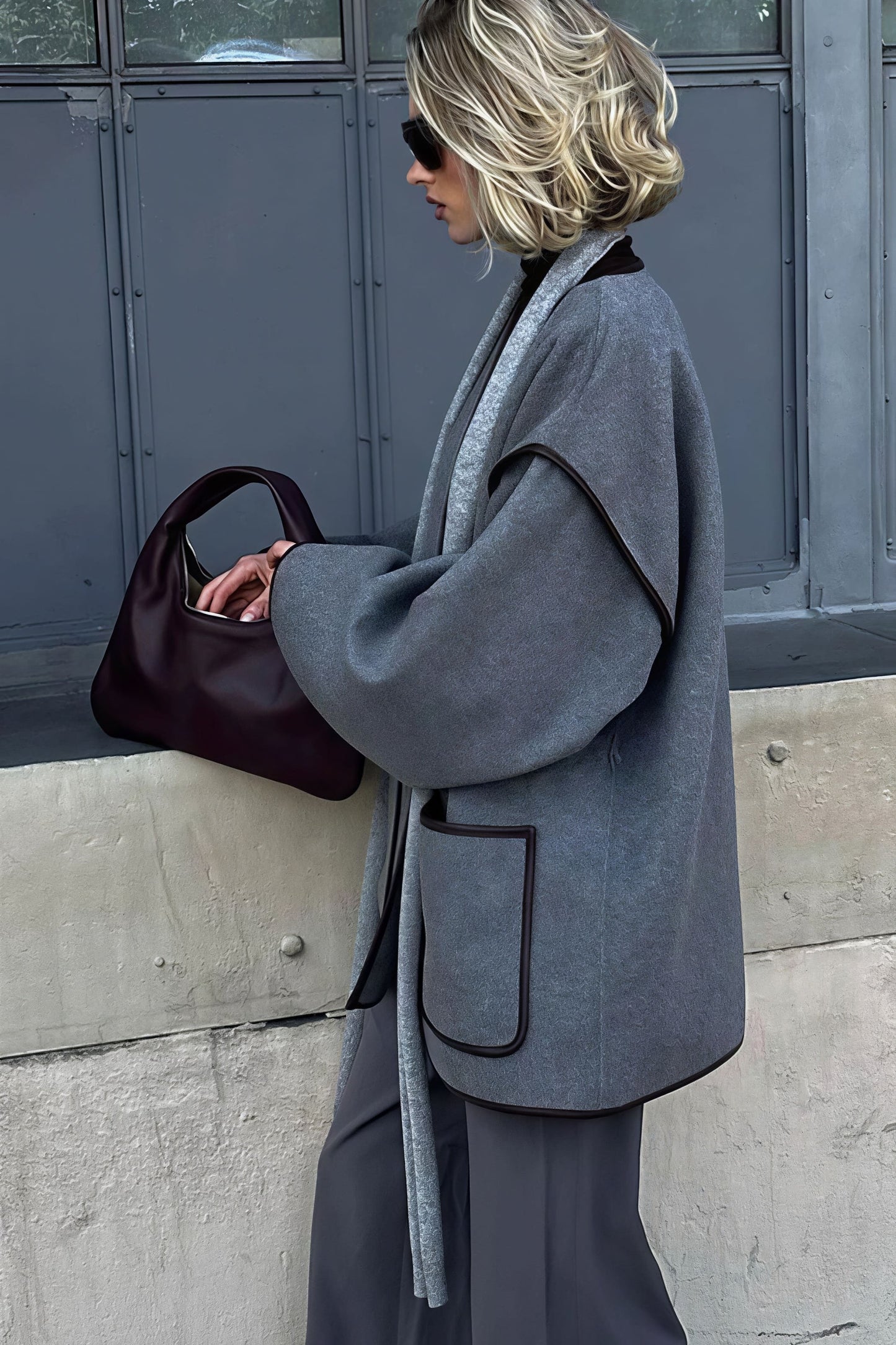 Chic Leather Pieced Two-tone Belted Coat