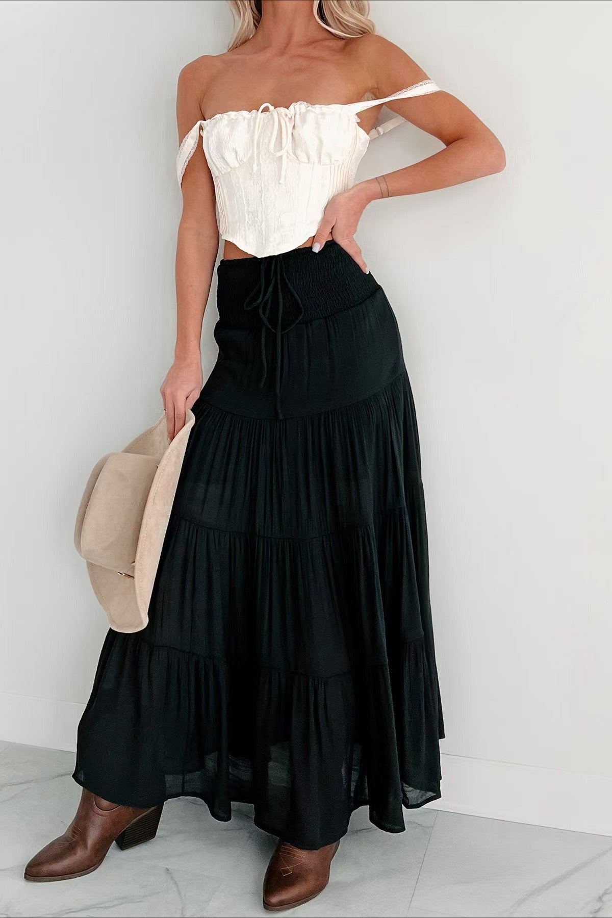 Boho Chic High Waisted Contrast Drawstring A Line Maxi Skirt