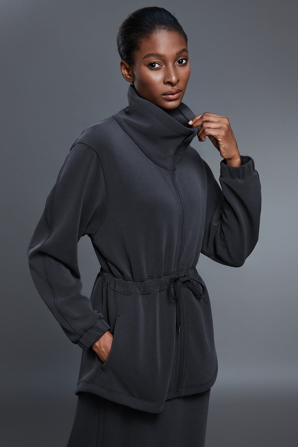 Air Layer Stand Collar Drawstring Waist Mid Length Jacket