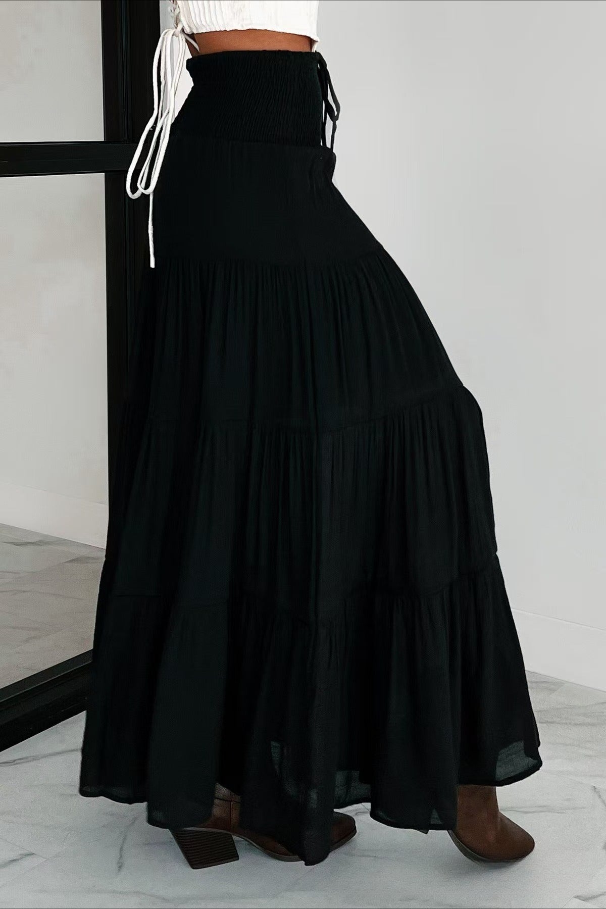 Boho Chic High Waisted Contrast Drawstring A Line Maxi Skirt
