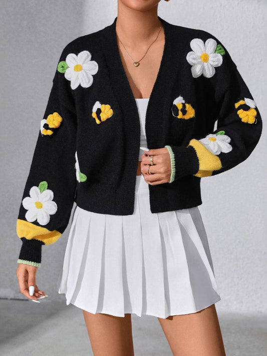 Hand-Embroidered Flower Knit Cardigan