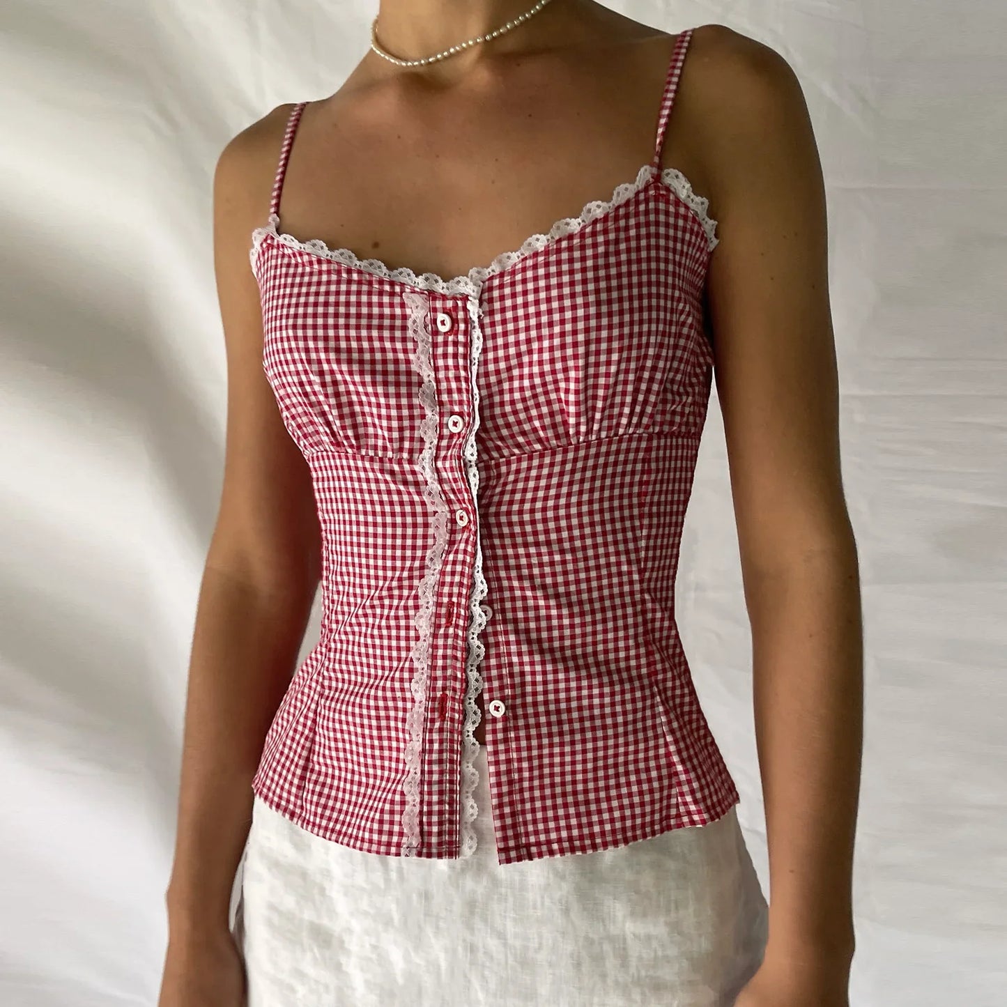Sweetheart Plaid Button Crop Top