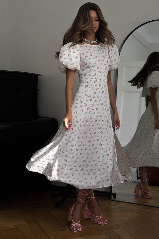 Floral Puff Sleeve Backless Maxi Dress