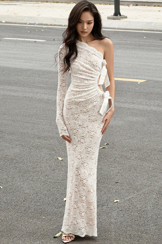 Lace Bowknot Hollow One-Shoulder Long Sleeve Maxi Dress