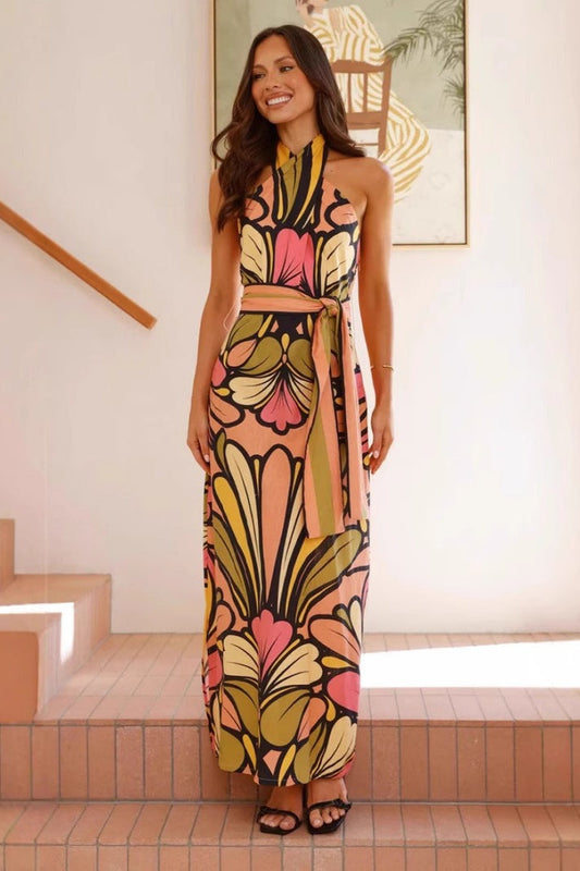 Floral Print Halter Belted Waist Maxi Dress