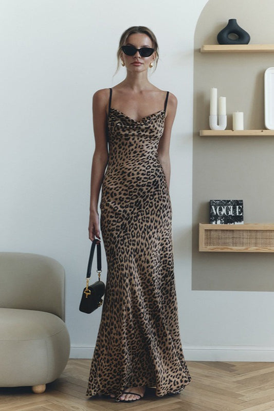 Leopard Cowl Neck Backless Maxi Dress
