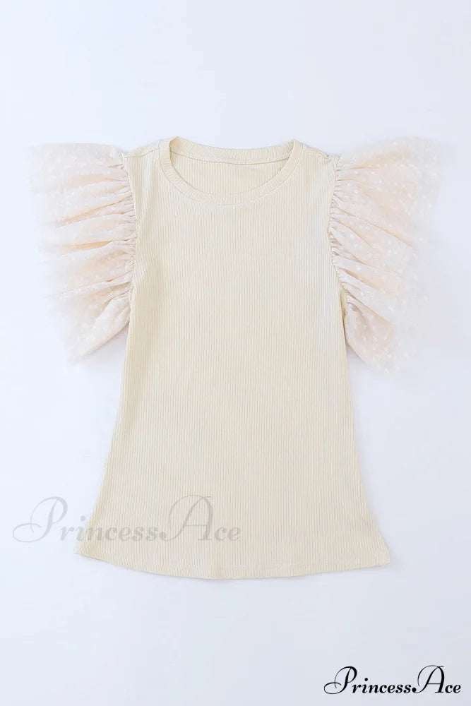 Apricot Ruffle Mesh Ribbed Knit Arm Top