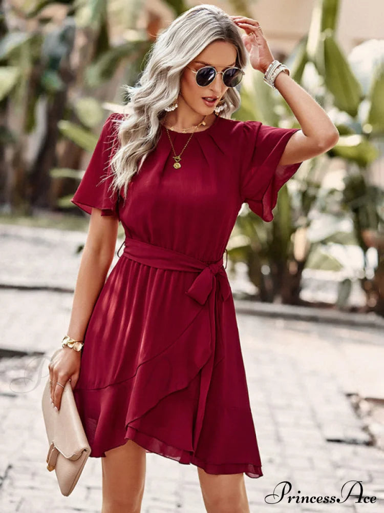 Arm Tie Hem for Flutter Waist Color Ruffle Solid Gown Women