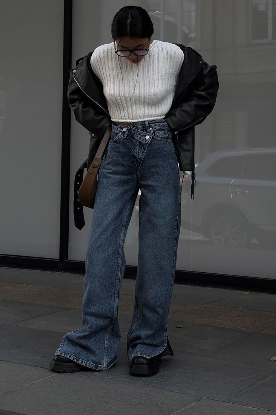 High Waist Asymmetrical Waist Split Straight Jeans
