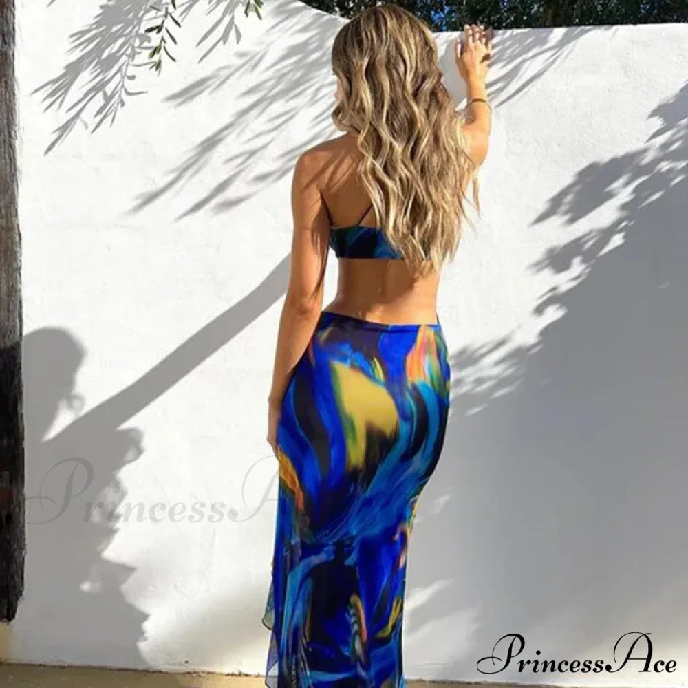 Bandage Slit Ruffle Plunge V-Neck Elegant for Women's Club Party Print SunSummer Midi Dress
