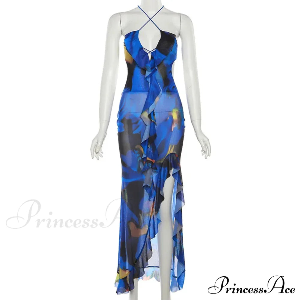Bandage Slit Ruffle Plunge V-Neck Elegant for Women's Club Party Print SunSummer Midi Dress