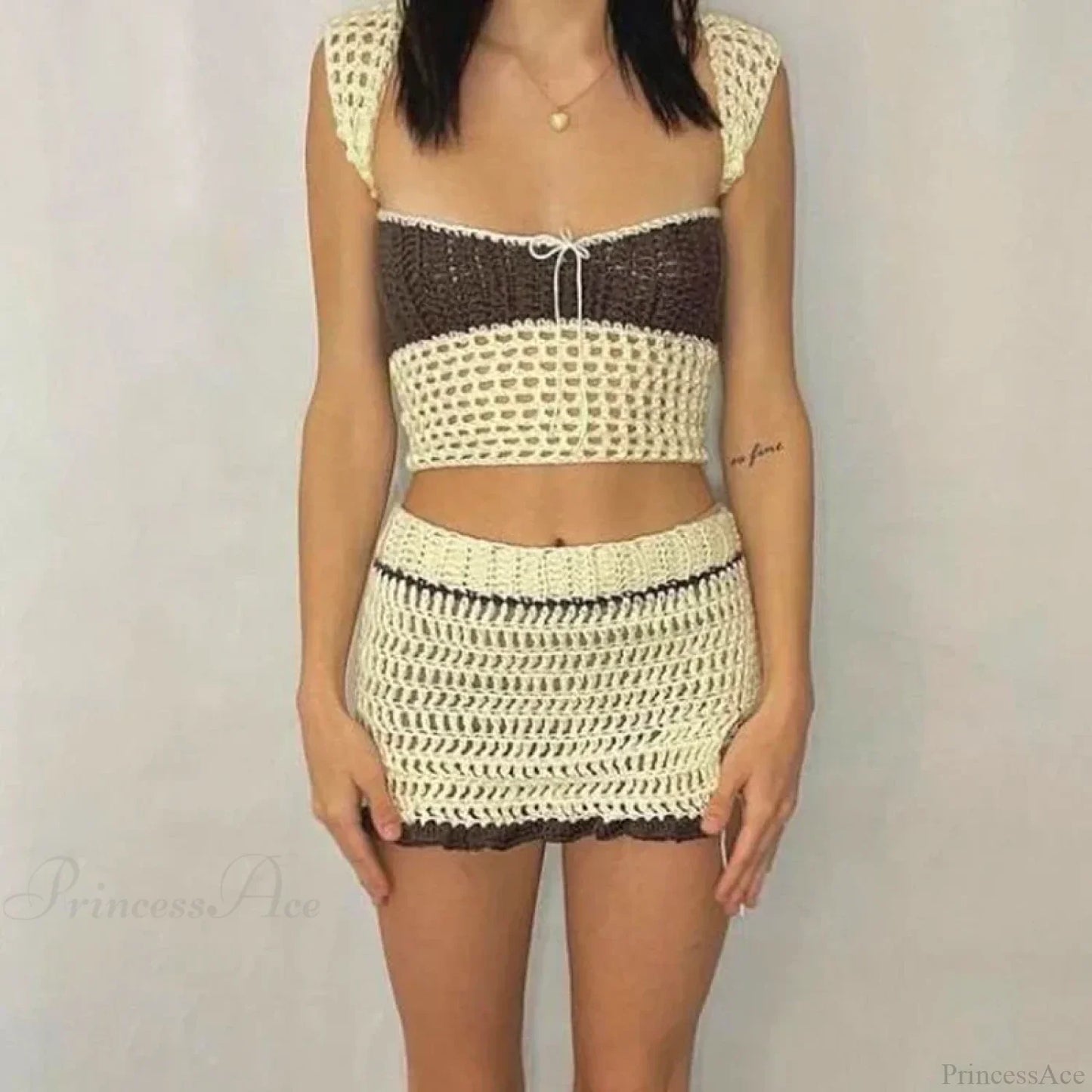 Beach Holiday 2 Piece Sets Crochet Hollow Out Crop Tops Backless Tie Up Knitted Tank Tops + Mini Pencil Skirt Y2K Vintage Outfit