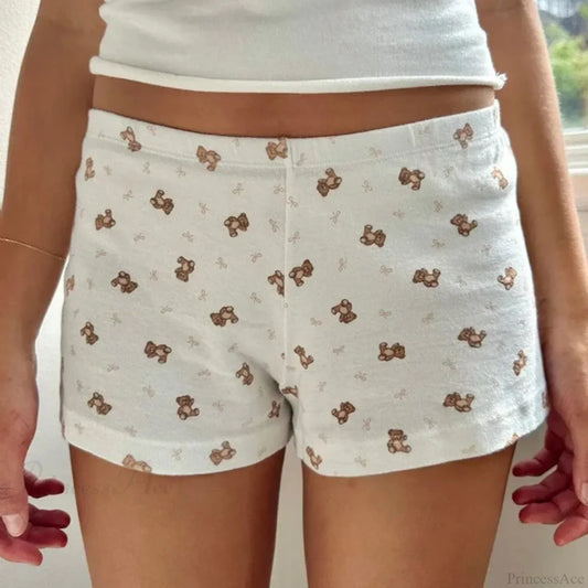 Bear Print Retro Slim Fit Camis Low Rise Shorts Two Pieces Set
