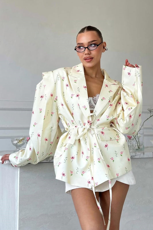 Long Sleeve Printed Waist Tie Blazer
