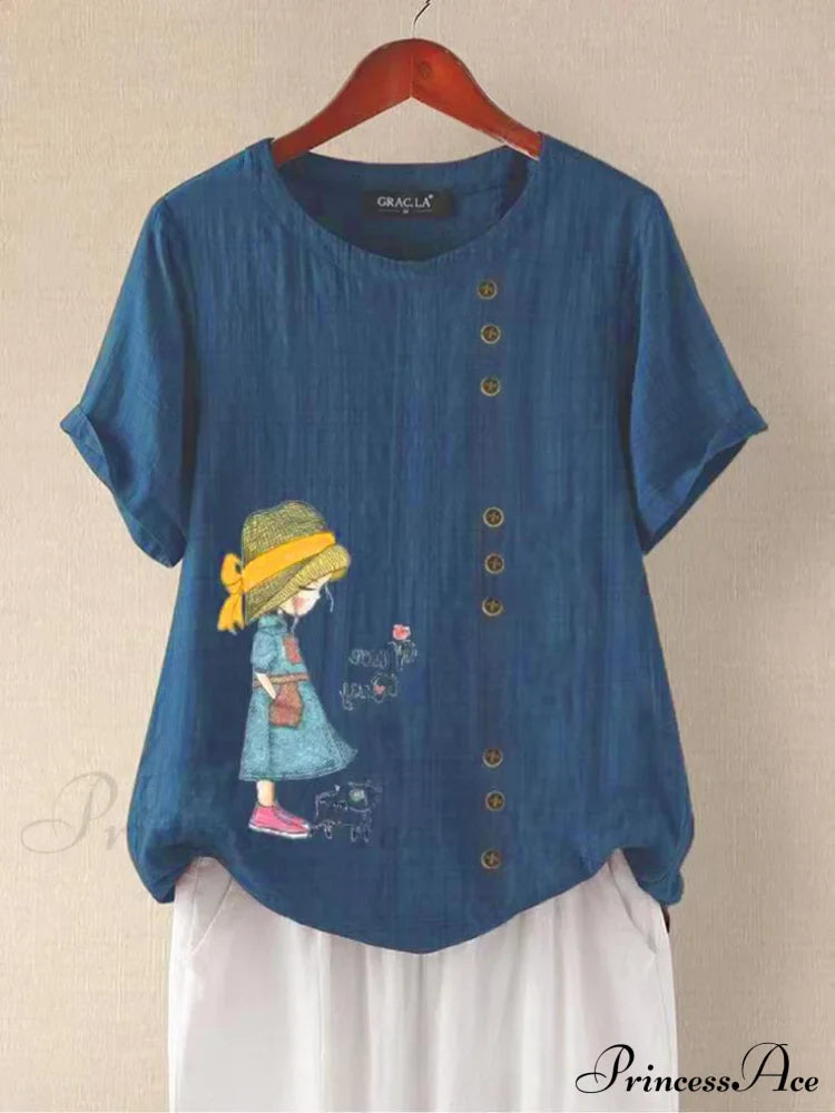Blouse Casual for Fashion Loose Patterned Short-sleeved Retro Blouse Summer