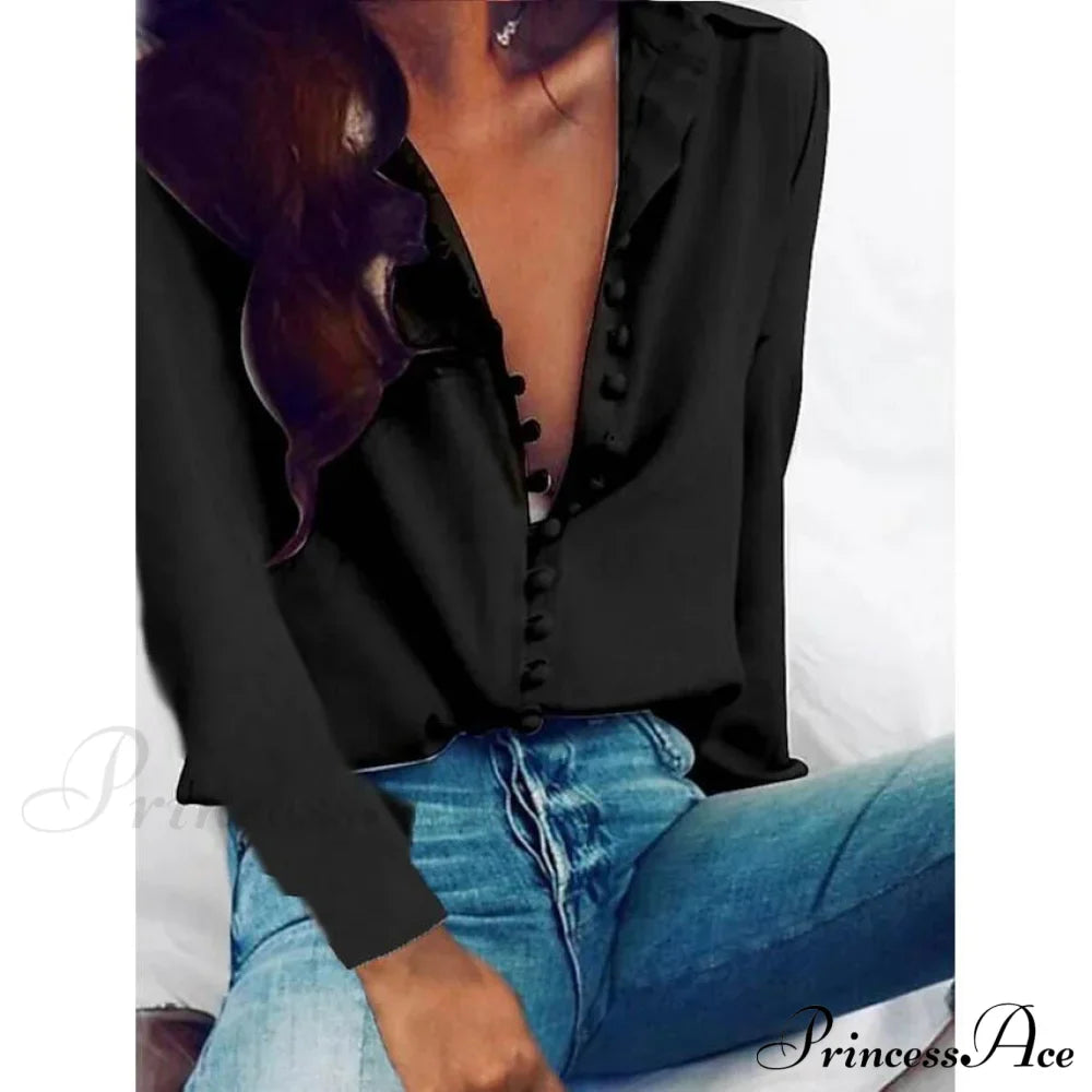 Blouse Blouse Women's - Neck Arm Solid V Long Button with Basic Colored Tops