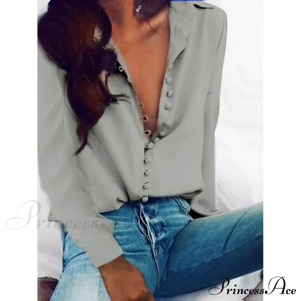 Blouse Blouse Women's - Neck Arm Solid V Long Button with Basic Colored Tops